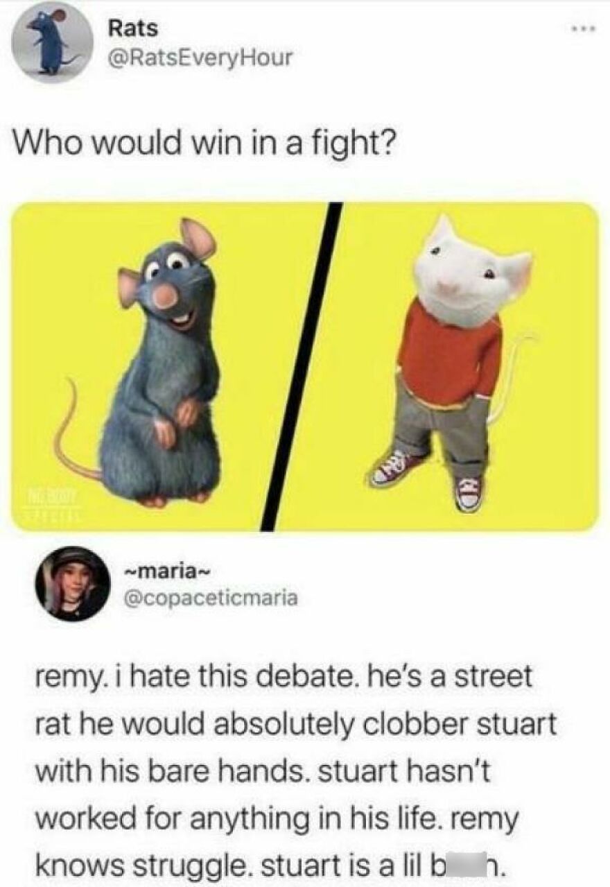 Tweet debate comparing cartoon rats Remy and Stuart, showcasing comedians humor in popular Twitter posts.