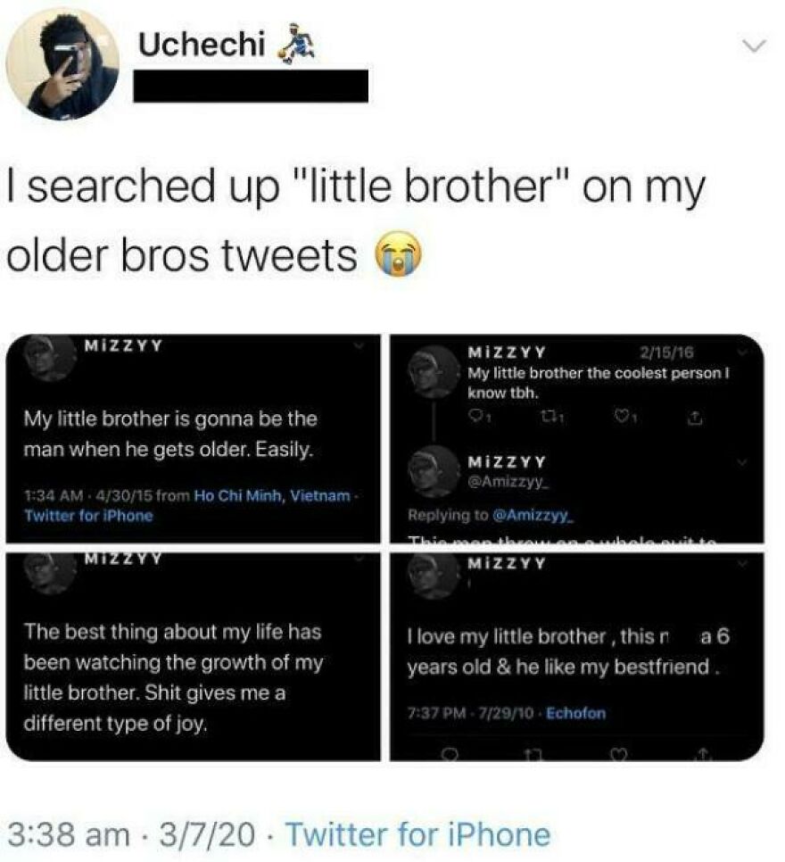 Screenshot of funny Twitter posts from comedians about little brothers shared for humor and laughs.