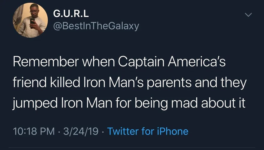 Tweet from comedian recalling a funny moment involving Captain America and Iron Man shared on Twitter comedians posts.