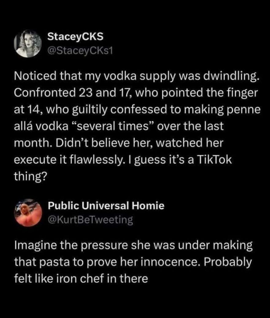 Screenshot of a funny Twitter post from comedians about vodka penne pasta and TikTok humor shared online.