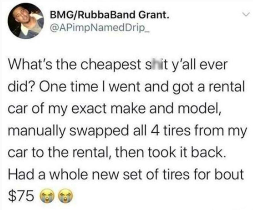 Twitter post from comedian sharing a funny story about swapping tires to get cheap new ones for $75.
