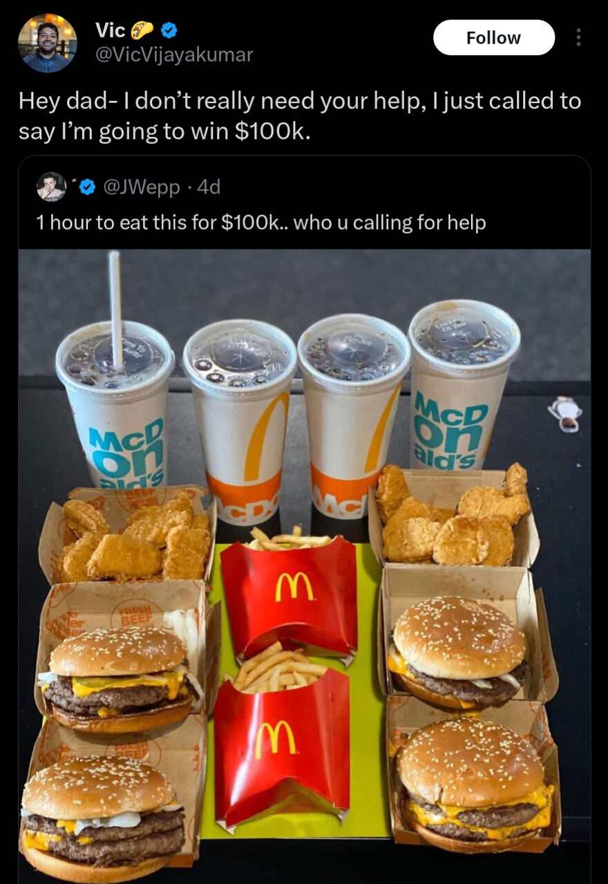 McDonald's meal with burgers, fries, nuggets, and drinks featured in a funny Twitter post from comedians.