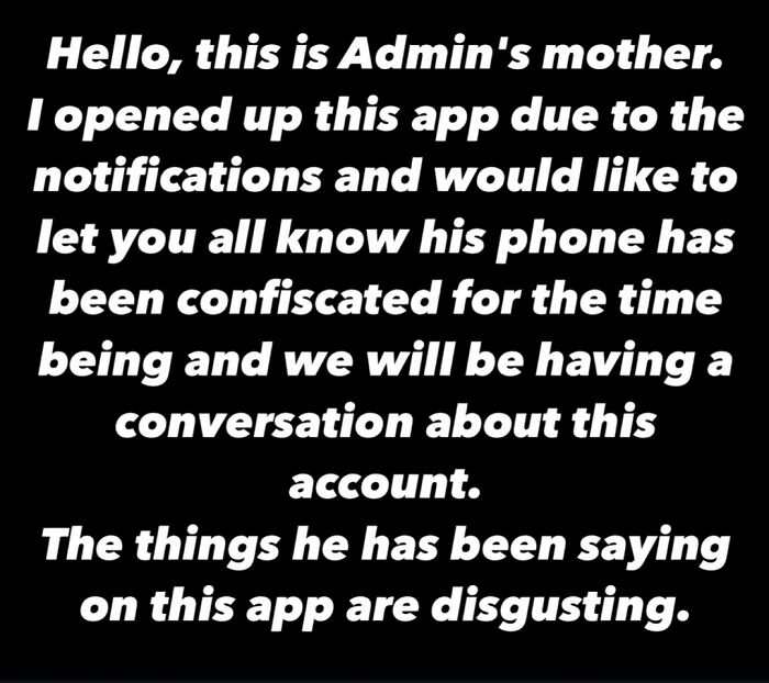 Text post from an Instagram account sharing cringey content, with a message about phone confiscation and account behavior.