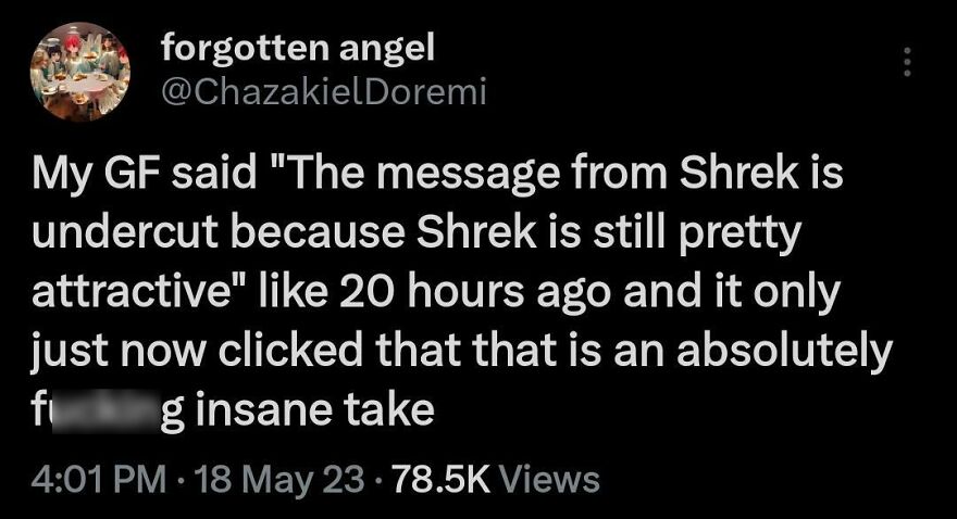 Tweet from a comedian joking about Shrek being still attractive, shared widely for its funny and insane take on the character.