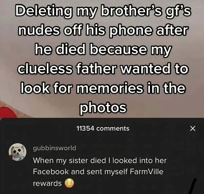 Screenshot of a cringey Instagram post about deleting a brother's girlfriend's photos after his death with many comments.