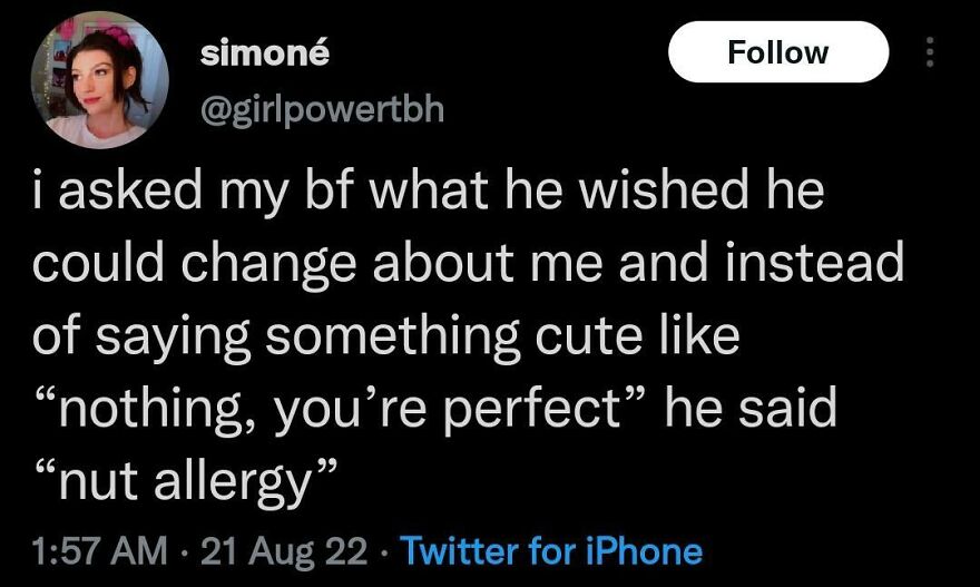 Funny Twitter post from comedian about relationship and nut allergy shared on social media.