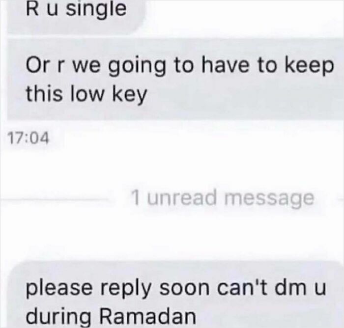 Text message conversation with cringey and awkward messages asking if someone is single and referencing Ramadan.