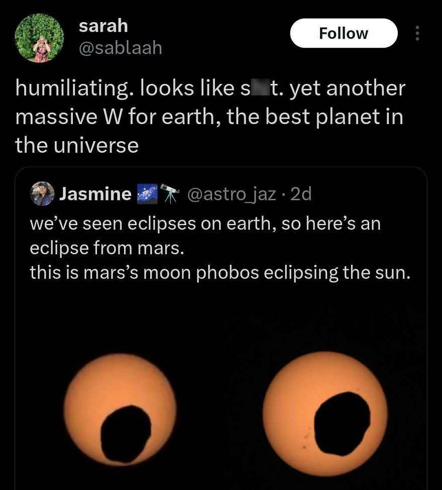Twitter post by comedians humorously comparing Mars eclipse to Earth, highlighting funny and relatable social media content.