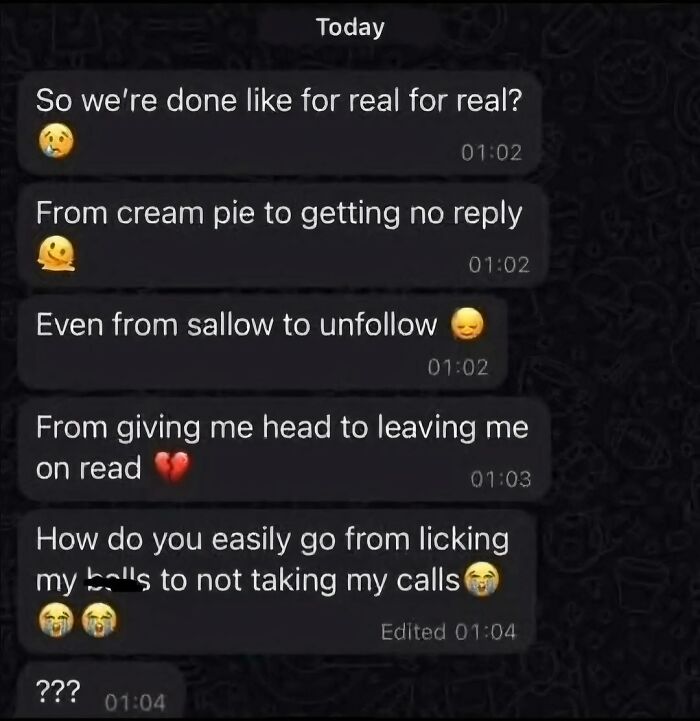 Screenshot of a cringey Instagram direct message conversation with emotional emojis and text about a breakup.