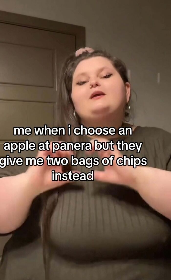 Woman making a funny face with text overlay about choosing an apple but getting two bags of chips cringey pictures on Instagram.