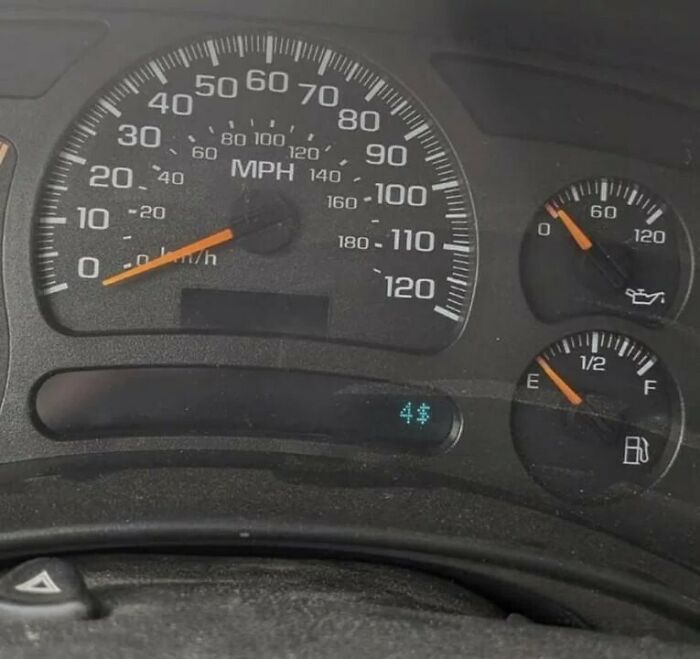 Velocímetro de coche con indicador de combustible cerca de vacío y luz de aceite encendida, mostrando cosas que salieron mal.