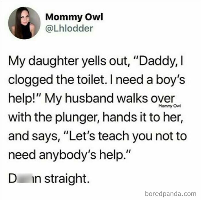 Funny parenting meme from an IG account showing a dad teaching his daughter independence with a clogged toilet and a plunger.