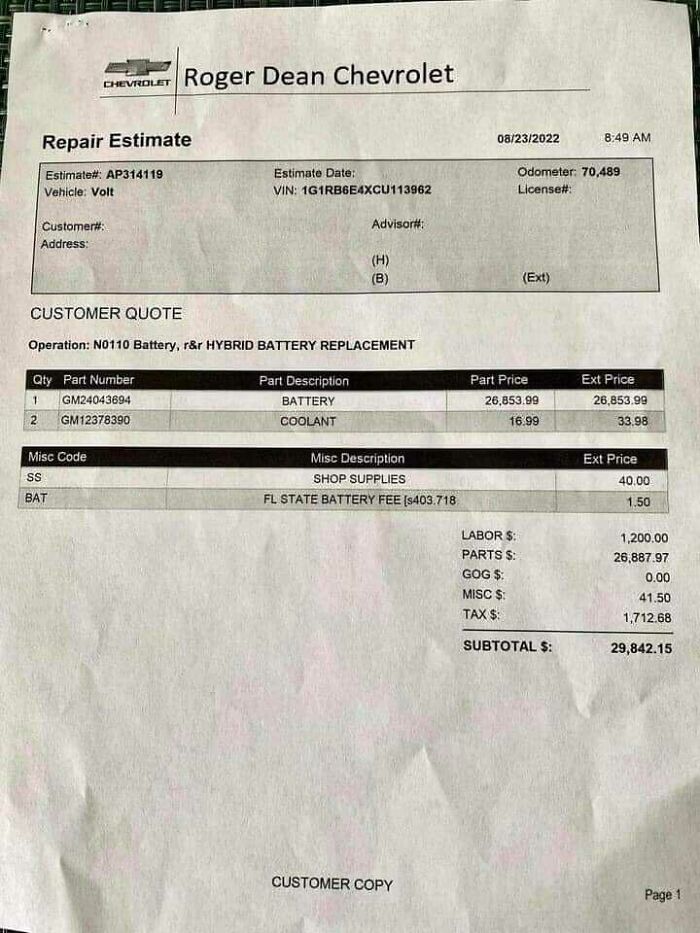 Repair estimate for hybrid battery replacement showing an expensive unexpected fail with a $26,853.99 battery price.
