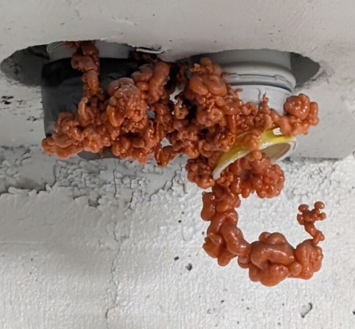 Espuma expansiva mal aplicada en tubo de plomería causando un desastre visible en la superficie blanca del techo.