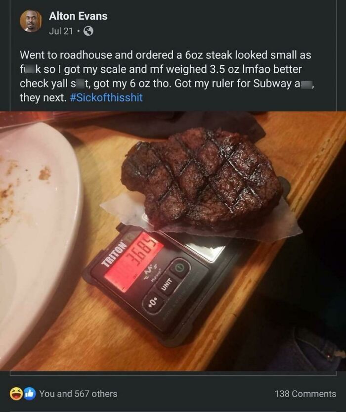 Steak weighed on a digital scale showing 3.69 oz illustrating products getting smaller and more expensive trend.