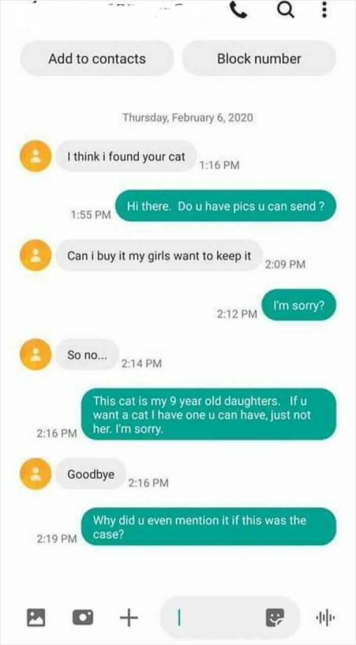 Text message exchange showing entitled person trying to buy a cat that belongs to a 9 year old daughter.
