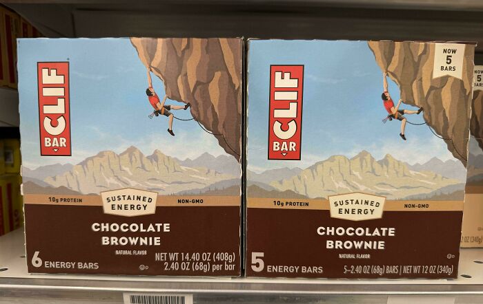 Comparison of smaller and more expensive Clif Bars packaging showing fewer bars per box with same flavor and protein content.