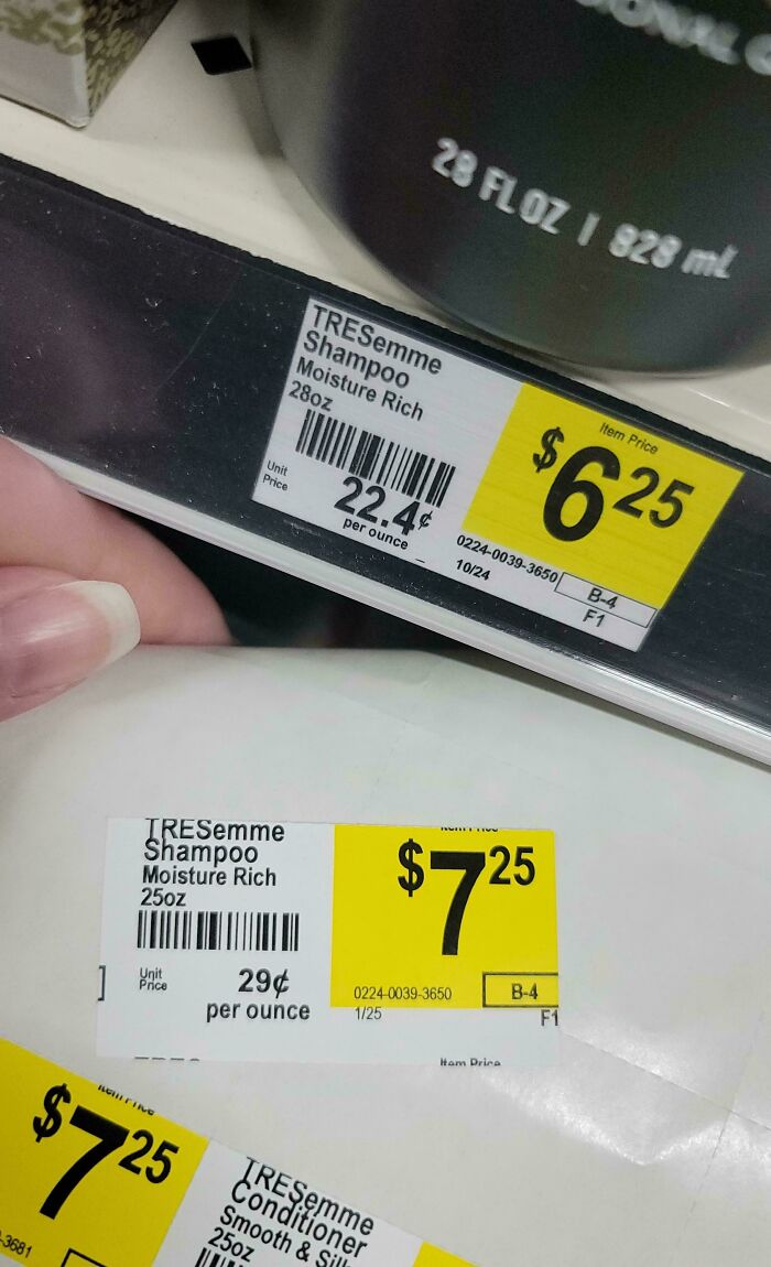 Price comparison showing smaller product size and higher cost per ounce of TRESemme shampoo illustrating products getting smaller more expensive