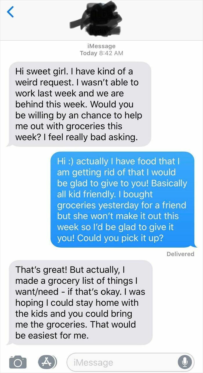 Text message exchange showing entitled person asking for groceries and refusing offered help, highlighting entitlement behavior.