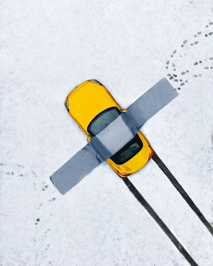 Yellow car parked on snow with tire tracks and footprints visible in aerial photo showcasing world from above.