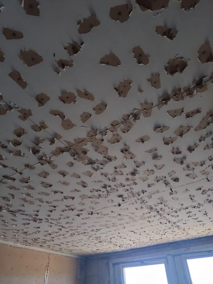 Techo con pintura que se está despegando en muchas áreas, un claro ejemplo de cosas que salieron mal que la gente compartió.