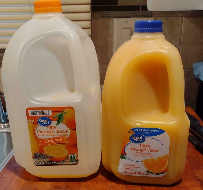 Comparison of two orange juice containers showing products getting smaller and more expensive over time