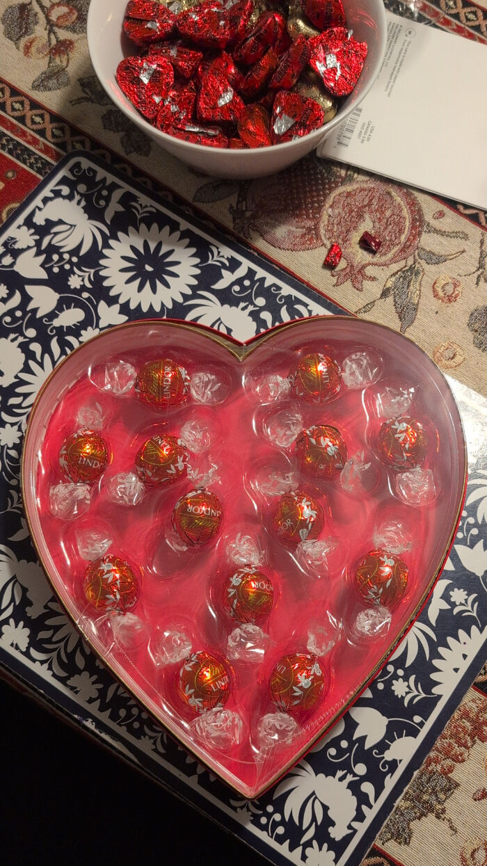 Heart-shaped box with small chocolates inside next to a bowl of wrapped chocolates showing products getting smaller and more expensive.