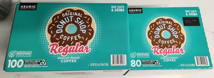 Two Donut Shop coffee boxes side by side showing difference in size and quantity, illustrating products getting smaller and more expensive.