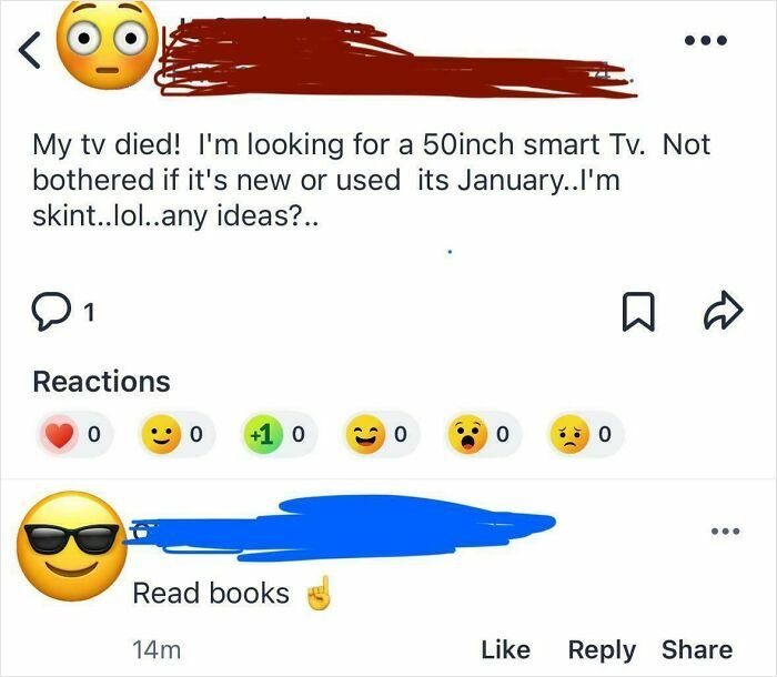 Social media post showing entitled person asking for a free smart TV, highlighting entitled behavior posts.
