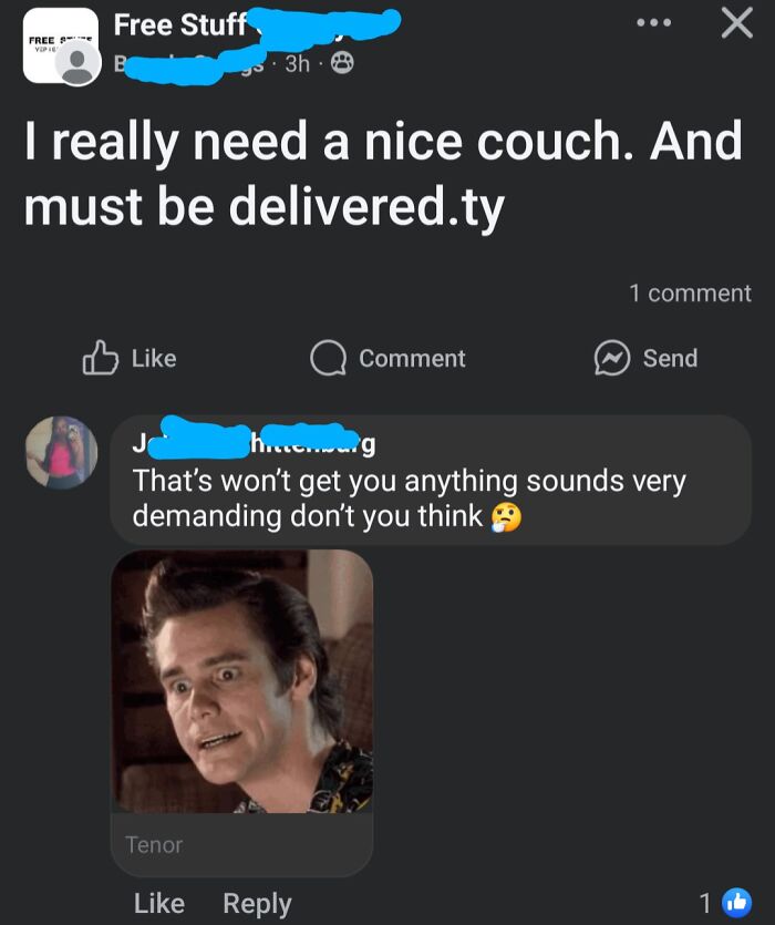 Social media post showing entitled demand for a free couch with a sarcastic reply and a Jim Carrey reaction gif.