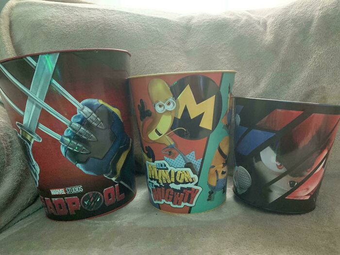 Three smaller collectible themed trash cans with Marvel and cartoon designs, illustrating products getting smaller and more expensive.