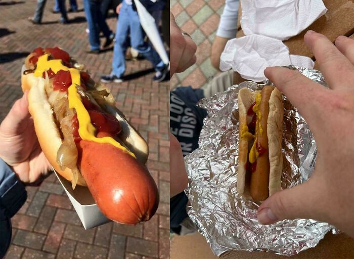 Comparison of two hot dogs showing products getting smaller and more expensive with noticeable size difference in servings.