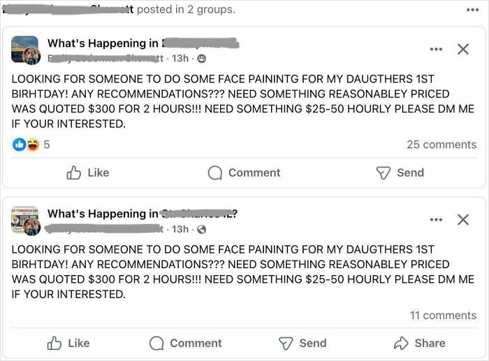 Social media posts showing entitled people demanding low-priced face painting for a birthday despite high quotes.