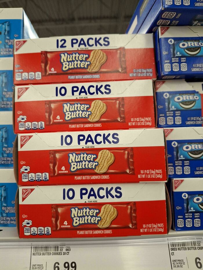 Stacked boxes of Nutter Butter peanut butter cookies showing smaller product sizes and higher prices on store shelves.
