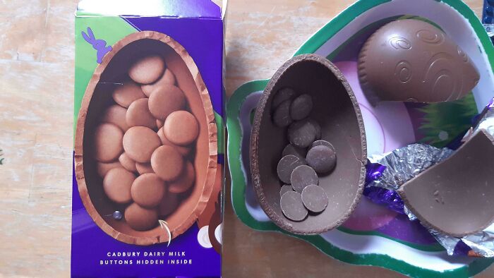 Cadbury chocolate egg with fewer dairy milk buttons inside showing smaller product size and higher cost comparison.