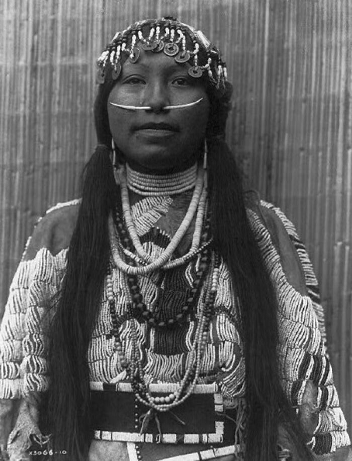 Native American woman in traditional attire with intricate beadwork and jewelry, symbolizing female strength and heritage.