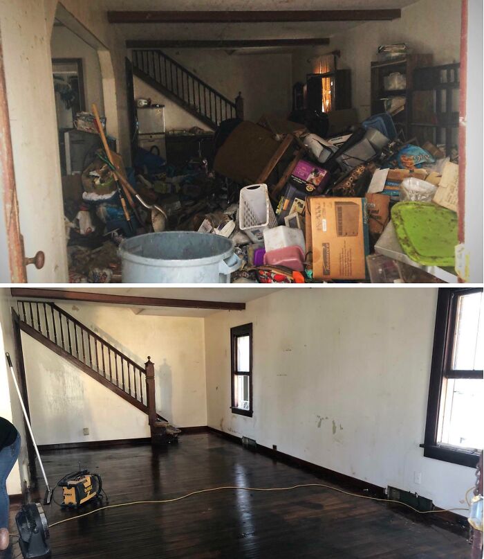 Before and after photos of a cluttered room transformed into a clean, empty space showing dramatic change and improvement.