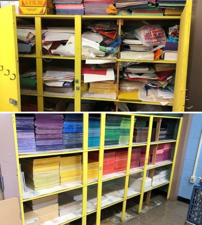 Before and after photo showing a cluttered, disorganized shelf transformed into a neatly organized and color-coded storage space.