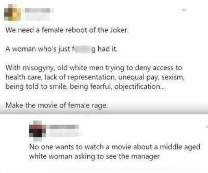 Screenshot of an online exchange showing women being called out for jerk behavior and discussing female rage.