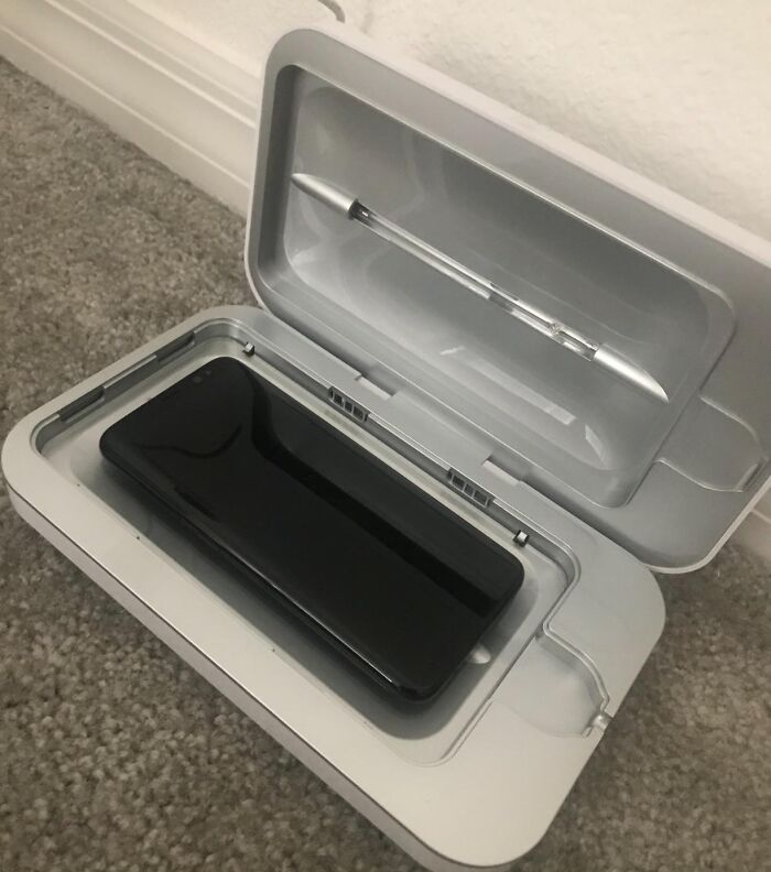 Phone placed inside a UV sanitizer case, a popular Shark Tank pitch turned massive hit for disinfecting devices.