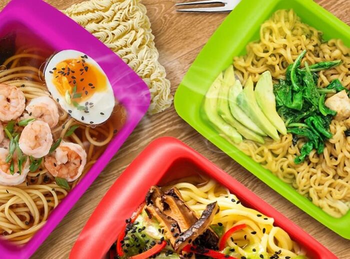 Colorful bowls of ramen noodles with shrimp, avocado, and vegetables featured in popular Shark Tank pitches.