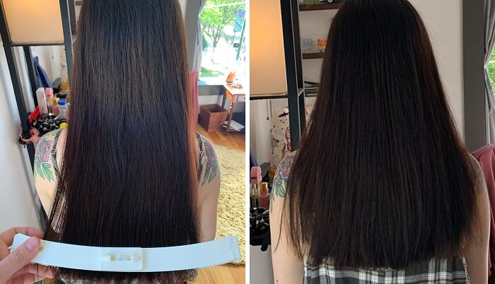 Before and after images of long dark hair showing a popular Shark Tank hair care product transformation at home.