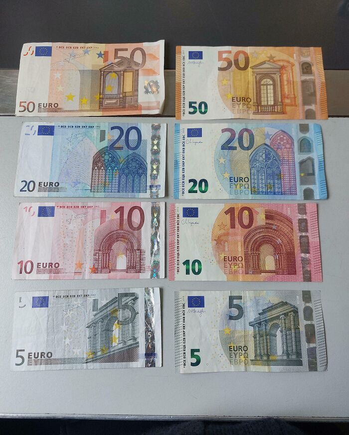 Comparison of before and after photos showing changes in design of various Euro banknotes in different denominations.
