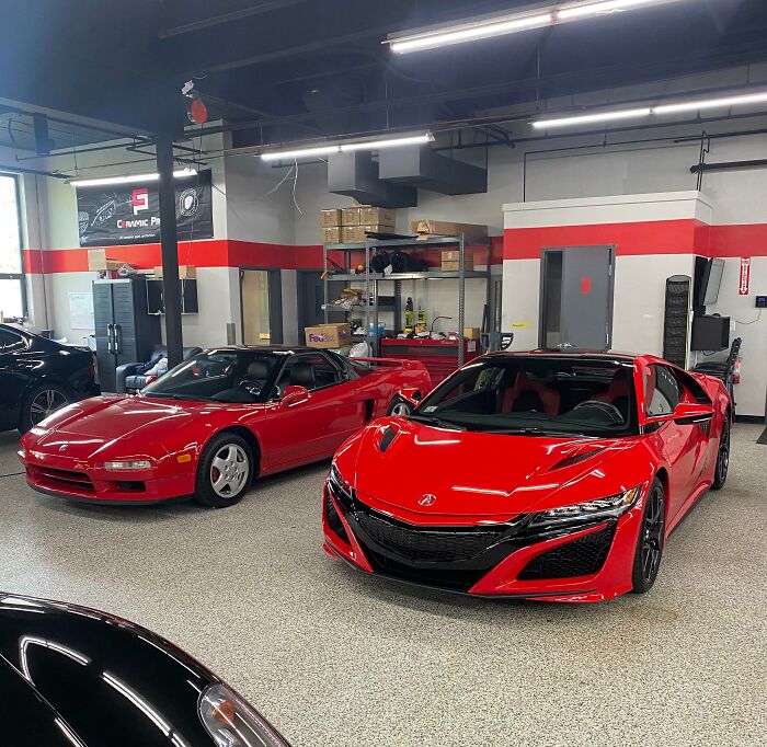 Two red sports cars side by side in a garage showcasing before and after photos of vehicle design changes.