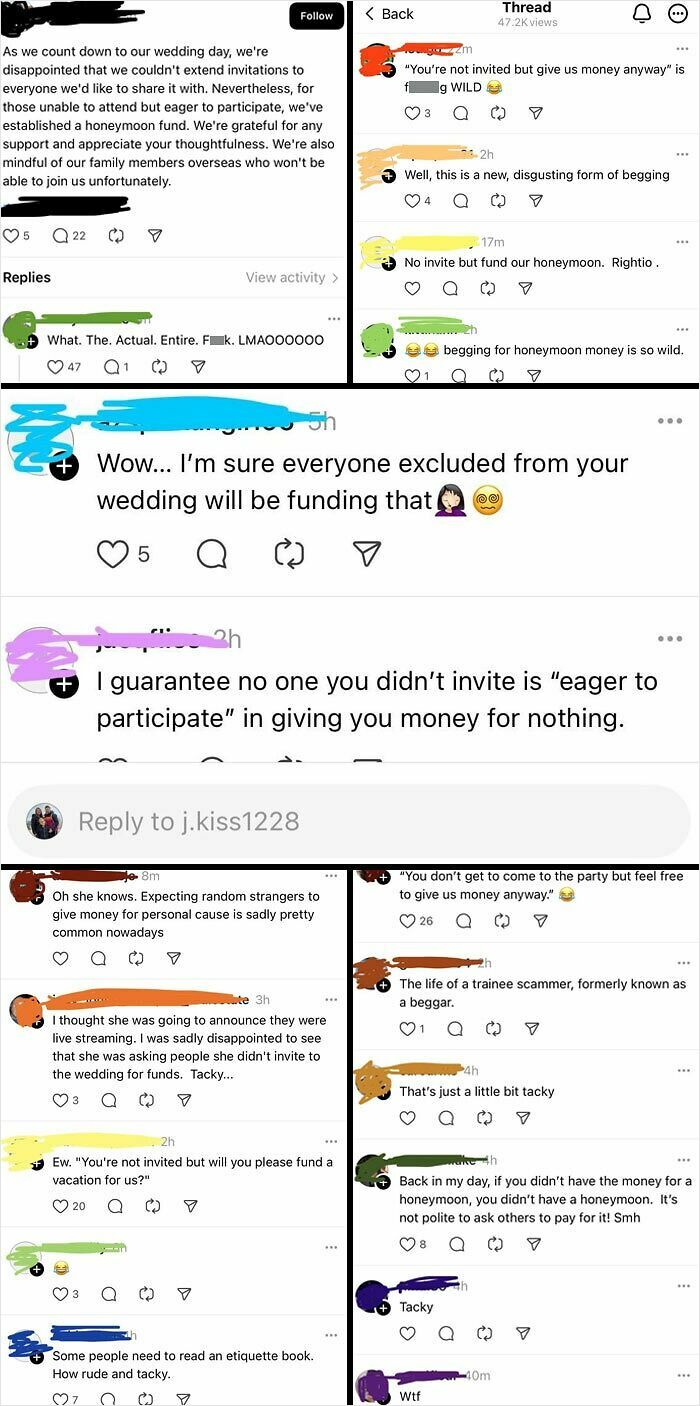 Social media screenshots showing entitled people begging for honeymoon money from those not invited to their wedding.