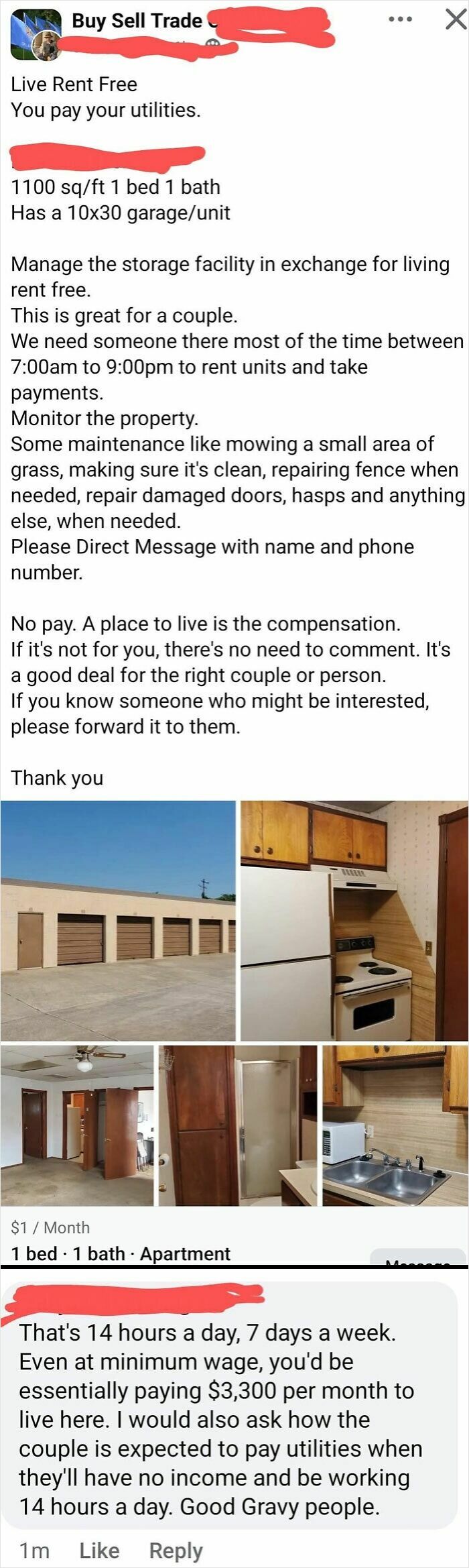 Post showing entitled people offering free rent in exchange for long work hours managing property and utilities.