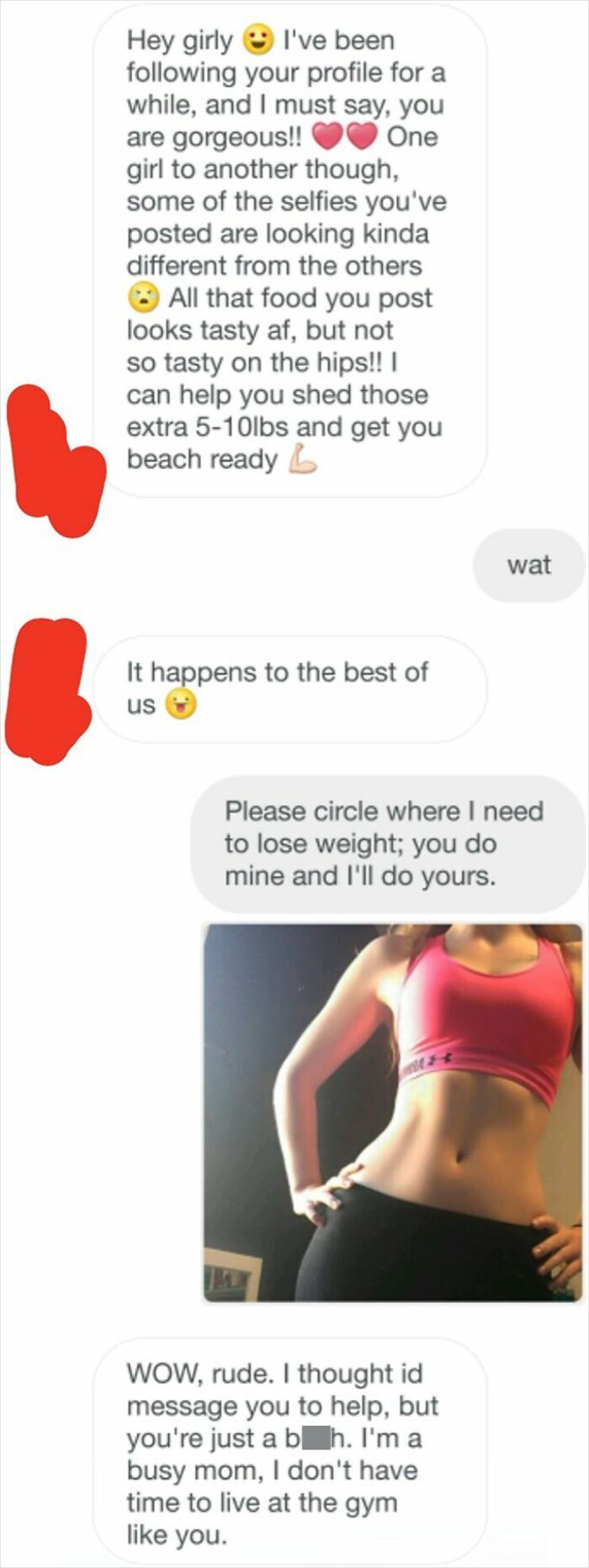 Chat conversation showing entitled messages about weight loss and fitness, highlighting people so entitled they might make your blood boil.