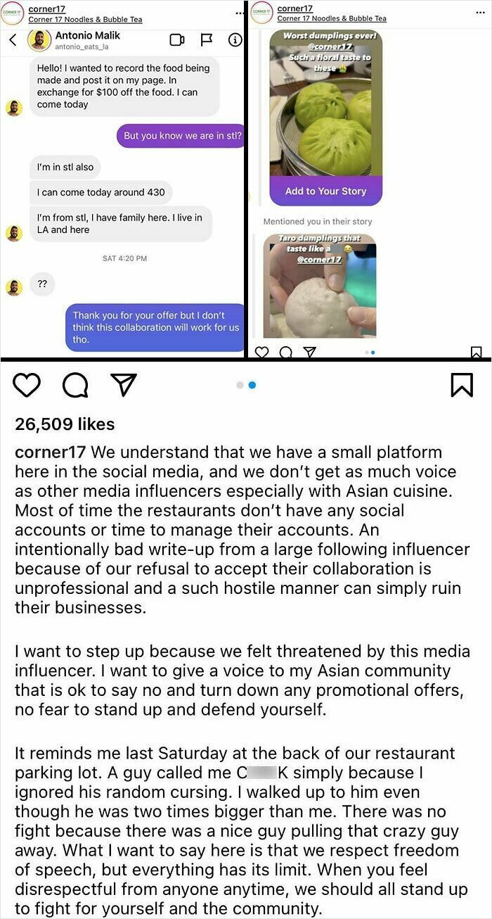 Screenshot of entitled influencer demanding free food for promotion and a restaurant defending their choice to say no on social media.