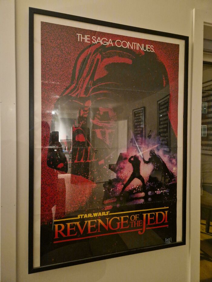 Framed vintage Star Wars Revenge of the Jedi poster showcasing iconic characters and retro nostalgic vibes of how things used to look.