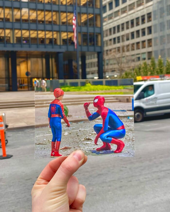 Hand holding a photo comparing real-life filming locations of movie and TV show scenes featuring Spider-Man characters.